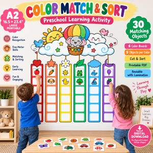 May include: A Color Match & Sort preschool learning activity printable featuring a cartoon elephant in a hot air balloon above six vertical color-coded columns. The A2 16.5 x 23.4 inch chart includes 30 matching objects, icons for fine motor skills, and text indicating it is a reusable printable PDF for early learning.