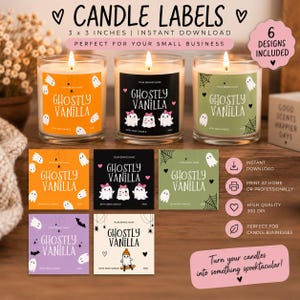 May include: A set of six square candle labels featuring the text GHOSTLY VANILLA with ghost, spiderweb, and bat illustrations in orange, black, green, purple, and cream colors. The labels measure 3 x 3 inches and are for instant download.