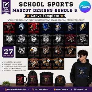 Puede incluir: Un paquete digital de 27 diseños de mascotas para deportes escolares con varios animales y personajes con campos de texto personalizables. La colección incluye una taza negra, una mochila, una camiseta y una gorra con gráficos de mascotas.