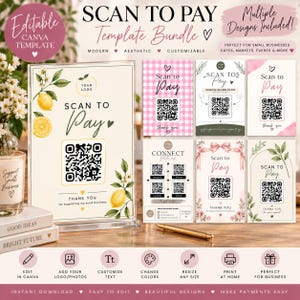 Pode incluir: Um pacote de modelos digitais para sinalização de pagamento por leitura de código, com vários designs, códigos QR, ilustrações de limões, detalhes florais e padrões xadrez rosa. O conjunto inclui layouts editáveis para pequenas empresas.