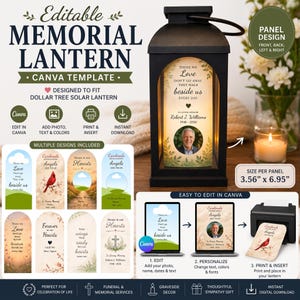 May include: A black solar lantern featuring a customizable memorial insert with the text "Those we love don't go away, they walk beside us every day," a photo of a person, and the name "Robert J. Williams 1948-2026," measuring 3.56 inches by 6.95 inches.
