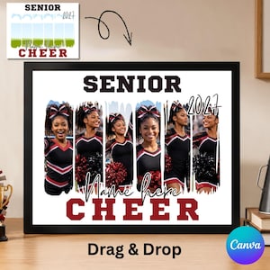 Op de afbeelding: Een ingelijste collage-afdruk met de tekst SENIOR 2027 en CHEER. Het ontwerp bevat vijf verticale fotovakken met een cheerleader in een zwart en bordeauxrood uniform met een strik, inclusief een tijdelijke aanduiding voor een naam.