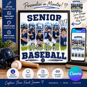 May include: A customizable baseball poster template featuring the text SENIOR 2027 BASEBALL, with five vertical photo slots showing baseball players in navy uniforms, a navy frame, and a digital preview on a smartphone screen.