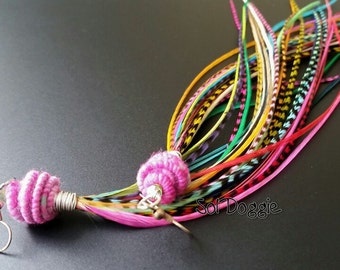 Long Feather Earrings Colorful Feathers Handmade Feather Jewelry Fiber Beads Bright Accessories