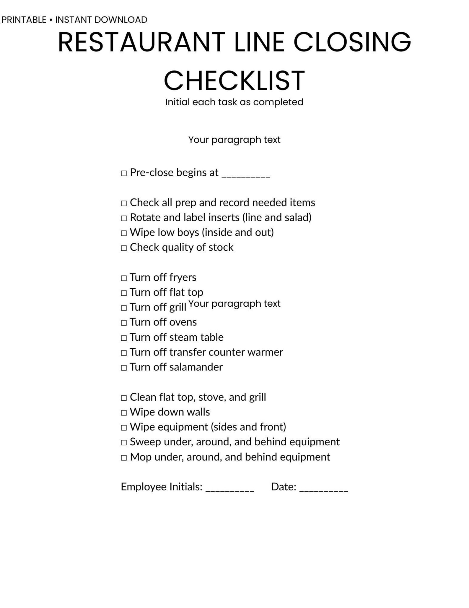 Restaurant Line Closing Checklist | Kitchen Closing Duties | Printable ...