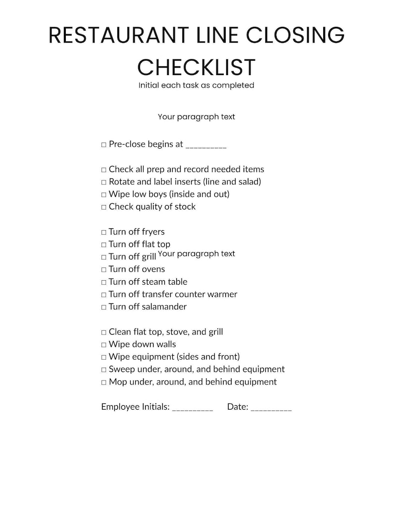 Restaurant Line Closing Checklist | Kitchen Closing Duties | Printable ...