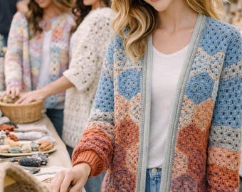 Hexagon Crochet Cardigan Pattern – Granny Square Patchwork Sweater (PDF Download)