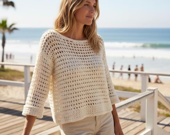 Crochet Mesh Sweater Pattern PDF, Lightweight Crochet Top Pattern, Boho Summer Crochet Pullover, Beginner Friendly Crochet Garment