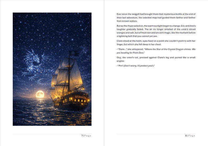 Op de afbeelding: Een digitale illustratie van een zeilschip 's nachts, verlicht door een volle maan en sterren. Een draakachtige figuur verschijnt in de sterrenhemel. De scheepsnaam, SPERANTA, is zichtbaar.