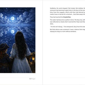 Op de afbeelding: Een illustratie uit een boek toont twee figuren op het dek van een schip die naar een nachthemel kijken met een volle maan die in het water weerspiegeld wordt. De sc&egrave;ne speelt zich af tegen een achtergrond van sterren en wolken, met een lantaarn.