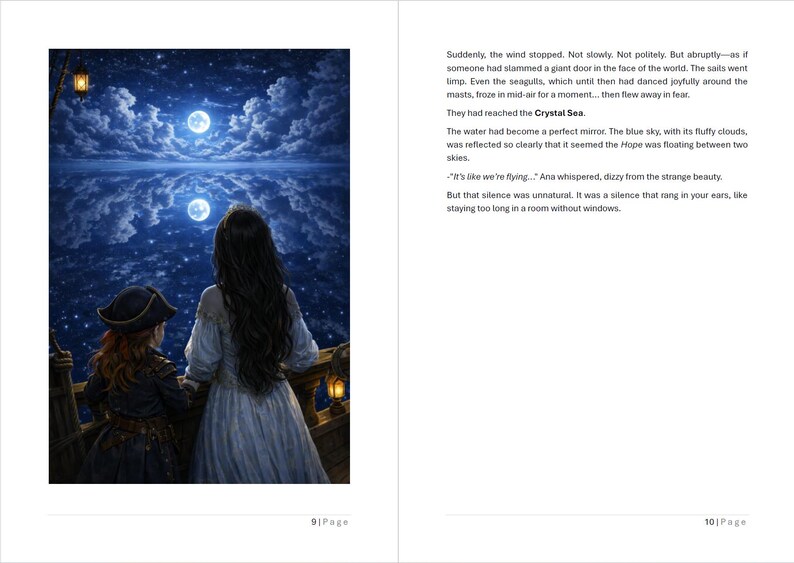 Op de afbeelding: Een illustratie uit een boek toont twee figuren op het dek van een schip die naar een nachthemel kijken met een volle maan die in het water weerspiegeld wordt. De sc&egrave;ne speelt zich af tegen een achtergrond van sterren en wolken, met een lantaarn.