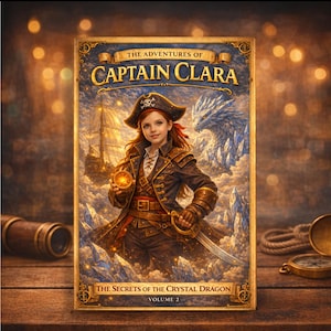Op de afbeelding: Boekomslag voor "De Avonturen van Kapitein Clara: De geheimen van de Kristaldraak, Deel 2". Het toont een jong meisje in piratenkostuum met een gloeiende bol en een zwaard. Een piratenschip en een kristallen draak zijn op de achtergrond.