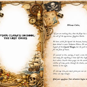 Op de afbeelding: Een open boek met een piratenthema, met een vlag met doodshoofd en gekruiste beenderen, een schatkaart en een schip. De tekst luidt "Captain Clara's Logbook: The Lost Pages" en een boodschap aan de lezer.