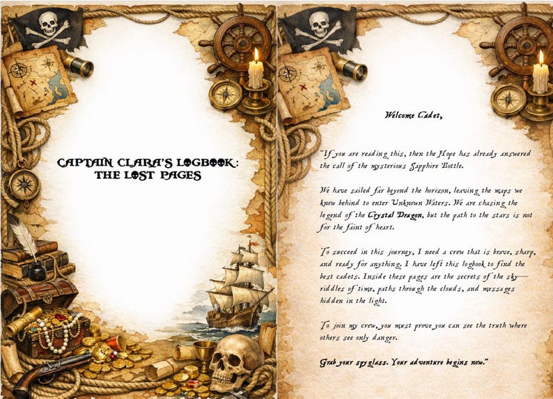 Op de afbeelding: Een open boek met een piratenthema, met een vlag met doodshoofd en gekruiste beenderen, een schatkaart en een schip. De tekst luidt "Captain Clara's Logbook: The Lost Pages" en een boodschap aan de lezer.