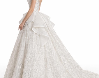 Luxe off-shoulder bruiloft baljurk, glinsterende bruidsjurk met kralen, korset achterkant kant trouwjurk met sleep, bruidsjurk aangepast formaat