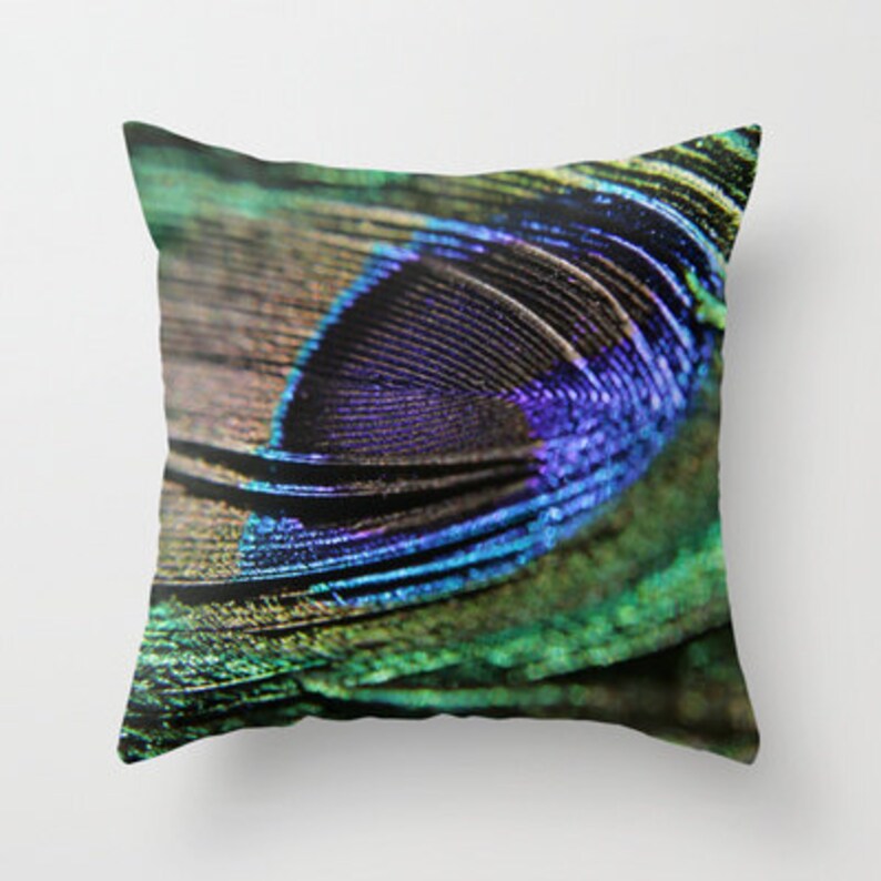Throw Pillow Cover Peacock Feather Emerald Green Cobalt Blue Bird Photo Case Jewel Tone Livingroom Couch Bed Home Bedroom Decor