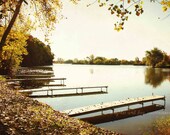 Autumn Docks Fine Art Photography Fall Rustic Lake Pond Cabin Cottage Orange Brown Yellow Leaves Warm Earthy Home Decor Wall Art Lakehouse