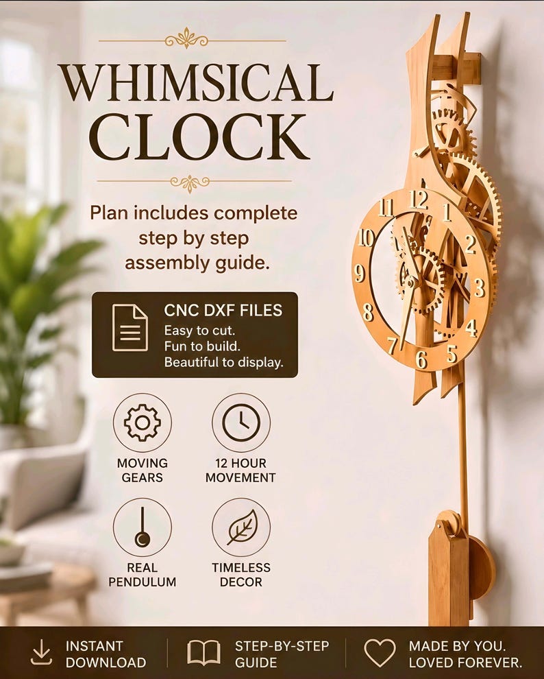 Simple Clock Dxf Files Whimsical Wooden Clock CNC Plans | DIY Mechanical Wall Clock | DXF ...
