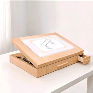 May include: A light-colored wooden drafting table with an adjustable angled top and a white translucent surface. The unit features a built-in storage drawer and a small side compartment. A line drawing of a desk is taped to the center of the surface.