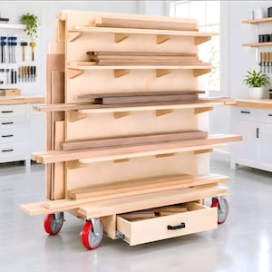 Può includere: Uno scaffale mobile in compensato chiaro per lo stoccaggio del legno, dotato di diversi ripiani orizzontali per riporre tavole e listelli. L'unità include un cassetto inferiore con maniglia nera e quattro ruote piroettanti rosse.