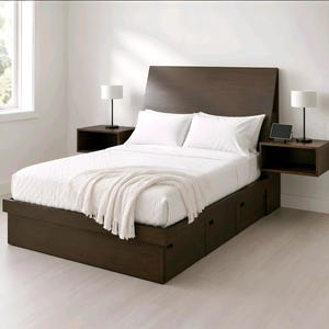 May include: A dark brown wooden platform bed frame featuring a tall headboard, integrated storage drawers in the base, and two attached floating nightstands. The bed is dressed with white bedding and a white throw blanket, with two lamps.