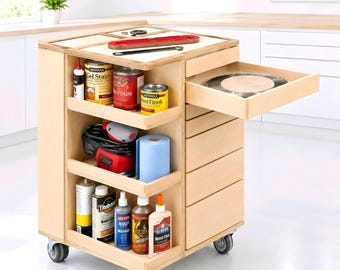 May include: A light-colored wooden mobile workshop cart on casters featuring open shelving and a stack of drawers. The shelves hold various cans of Minwax stain, Titebond glue, Gorilla wood glue, Elmer's glue, a power tool, and a paper towel roll.