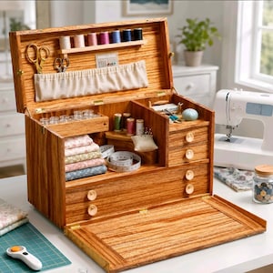 May include: A wooden sewing box with an open lid featuring a thread rack, scissors, and a fabric pocket. The interior includes stacked fabric squares, a measuring tape, a pincushion, and multiple drawers with round wooden knobs for storage.