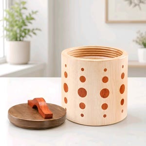 May include: A wooden container with a lid. The container is cylindrical with a light wood finish and a series of reddish-brown circles. The lid is a darker wood with a reddish-brown handle. The container is open.