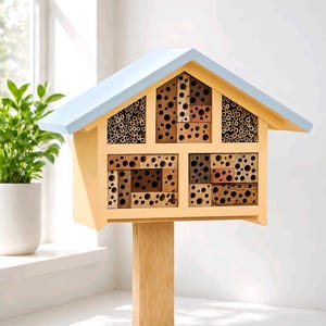 May include: A wooden bee house with a light blue roof and multiple compartments filled with bamboo and drilled wood blocks. The house is mounted on a wooden post and is designed to attract bees and other pollinators. The house is painted in natural wood tones.