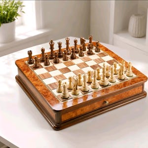 May include: A wooden chess set featuring a polished burl wood board with alternating light and dark squares. The set includes a full complement of dark brown and cream-colored carved wooden chess pieces arranged in their starting positions.