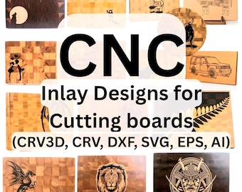 May include: A collection of wooden cutting boards featuring various CNC inlay designs including a wolf, a chef, a cow diagram, a couple, a car, a dragon, a lion, and a samurai. The text CNC Inlay Designs for Cutting boards (CRV3D, CRV, DXF, SVG, EPS, AI) is overlaid.