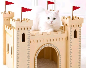 Projeto de Castelo de Madeira para Gatos | Manual em PDF com Projeto e Arquivos DXF para Fortaleza de Gatos | Modelo para Corte a Laser e CNC de Casa Medieval para Gatos | Mobiliário para Gatos de Interior