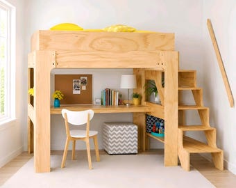 Hochbett mit Schreibtisch DIY Hochbett aus Holz mit Treppe & Stauraum | Platzsparende Schlafzimmermöbel-Pläne