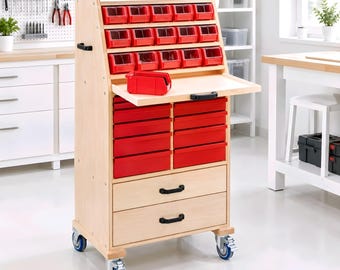 May include: A light-colored wooden storage cart featuring three rows of small red plastic bins at the top, a fold-down work surface, ten red drawers arranged in two columns, and two larger bottom drawers, all mounted on four swiveling caster wheels.