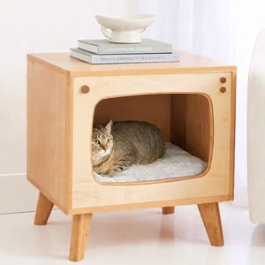May include: A light-colored wooden cat house with a retro TV-style opening. A gray cat rests inside on a gray cushion. The cat house has four angled legs and a flat top with books and a white bowl.