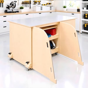 May include: A light-colored wooden workbench featuring a smooth top surface, two open cabinet doors, and internal shelving. The unit is equipped with adjustable leveling feet and casters, providing storage space for tools and equipment.