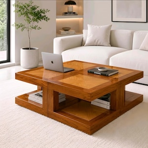 May include: A square wooden coffee table with a light brown finish and a parquet pattern on the top surface. The table features an open lower shelf for storage and is topped with a silver laptop and a black book titled Chanel.