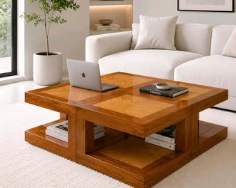 Projeto de mesa de centro moderna em madeira | Mesa de armazenamento com tampo quadrado folheado - Projeto de marcenaria faça você mesmo