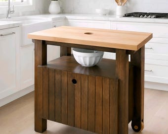 Projeto de Carrinho de Cozinha Rústico em Madeira | Mesa de Preparo Móvel Faça Você Mesmo | Carrinho de Cozinha Estilo Fazenda com Bloco de Açougueiro (PDF)