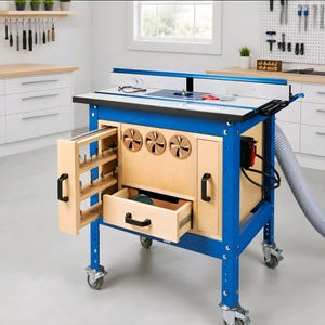 Peut inclure: Une table de défonceuse en métal bleu avec une base en bois clair, comprenant un support vertical coulissant pour mèches, un tiroir central, trois évents circulaires et un plateau blanc avec un guide bleu et un tuyau d'aspiration flexible.
