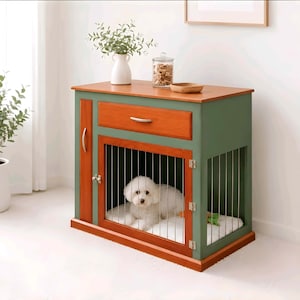 May include: A wooden pet crate with a sage green frame and natural wood finish accents. It features a top surface, a single drawer with a silver handle, and a front-opening door with vertical metal bars. A small white dog rests inside on a white pad.