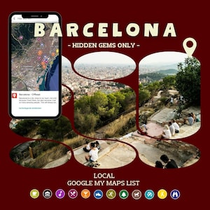 Peut inclure: Image promotionnelle pour une liste Google My Maps des trésors cachés de Barcelone. L'image présente un smartphone affichant une carte, ainsi que des vues panoramiques de la ville. Le texte comprend "BARCELONE - HIDDEN GEMS ONLY - LOCAL GOOGLE MY MAPS LIST."
