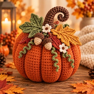 May include: A crocheted orange pumpkin featuring a dark brown curly stem, a green leaf, a golden-yellow oak leaf, two small white flowers, and two light brown acorns. The pumpkin is decorated with green crocheted vines and red leaves.