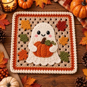 May include: A square crochet granny square featuring a white ghost with black eyes and pink cheeks holding an orange pumpkin. The square is bordered in cream and orange, decorated with small crocheted autumn leaves in yellow, red, and green.