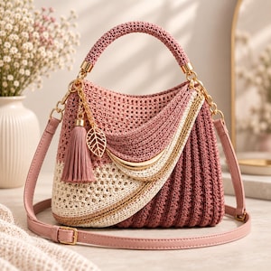 Puede incluir: Un bolso estructurado con un diseño de ganchillo de múltiples texturas en tonos rosa empolvado, crema y beige. El bolso incluye una solapa frontal curva, un dije de hoja en tono dorado, una borla a juego, un asa superior y una correa ajustable.