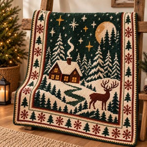 May include: A rectangular crochet blanket featuring a winter forest scene with a cabin, a deer, and a full moon. The design includes a dark green background with white snow, pine trees, and stars. The border displays a pattern of red snowflakes.