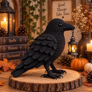 Könnte beinhalten: Eine schwarze Häkel-Rabenfigur mit geschichteten Flügeldetails und einem glänzend schwarzen Auge. Der Rabe hält eine kleine, dunkle Metalllaterne im Schnabel, die ein warmes Licht ausstrahlt. Der Vogel steht auf einem runden Holzscheiben-Sockel.