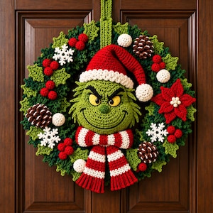 May include: A crochet Christmas wreath featuring a green character with yellow eyes wearing a red and white Santa hat and a matching striped scarf. The wreath is decorated with red berries, white snowflakes, brown pinecones, and a red poinsettia.