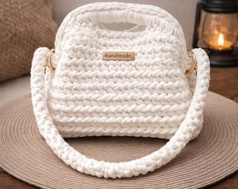 Handmade white Crocheted Clasp closure Bag with Gold Hardware. BOHO.