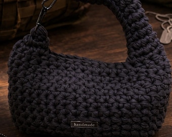 Handmade Black Crocheted Top Handle Bag with Black Gun Metal Clasp.